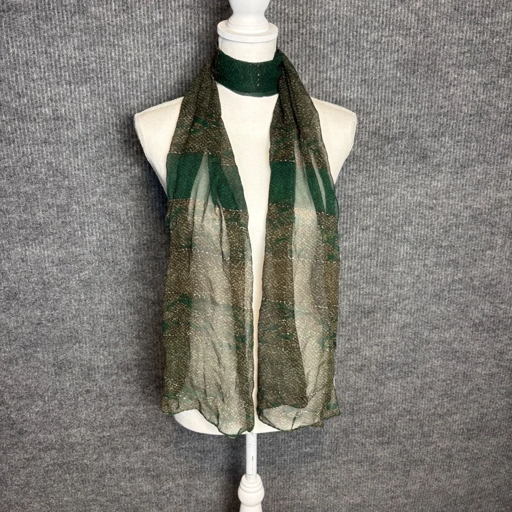 Carole Little Green Brown Snake Abstract Print 100% Silk Sheer Rectangular Scarf